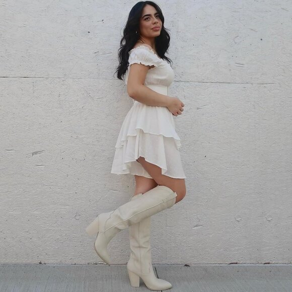 Women's White Embroidered Wide Calf Chunky Knee High Heels Western Boots - Picture 3 of 7